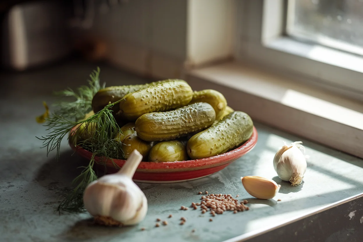 Freshly made half sour pickles served on a ceramic plate with garlic and dill, showcasing the vibrant green pickles in a rustic kitchen setting.