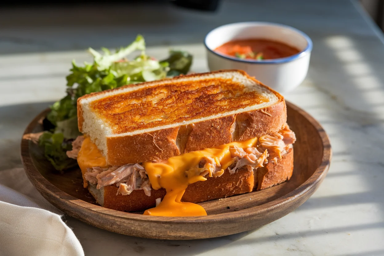 Air fryer tuna melt sandwich with golden-brown crust, melted cheddar cheese, and a side salad, showcasing the perfect final recipe.