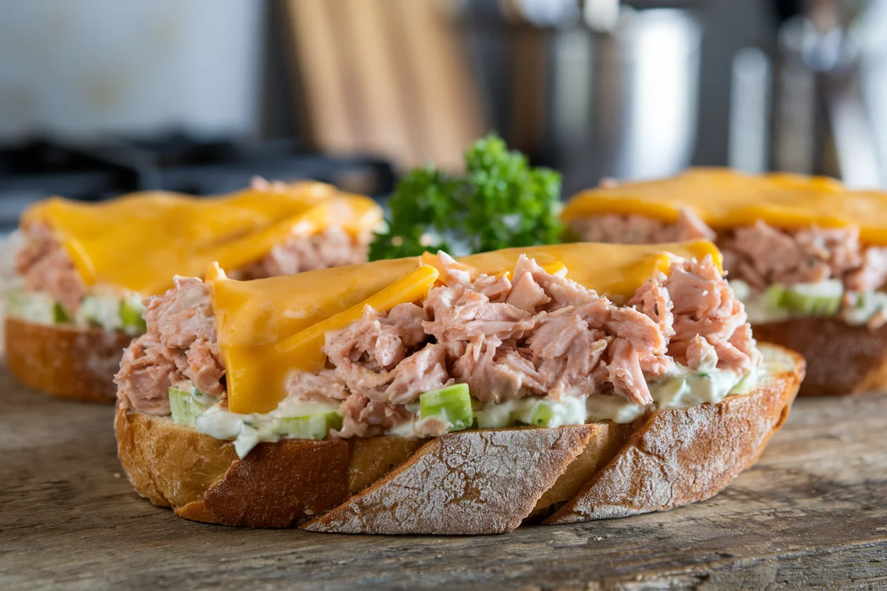 Finished open-faced tuna melt with toasted sourdough bread, creamy tuna salad, and melted cheddar cheese garnished with parsley.