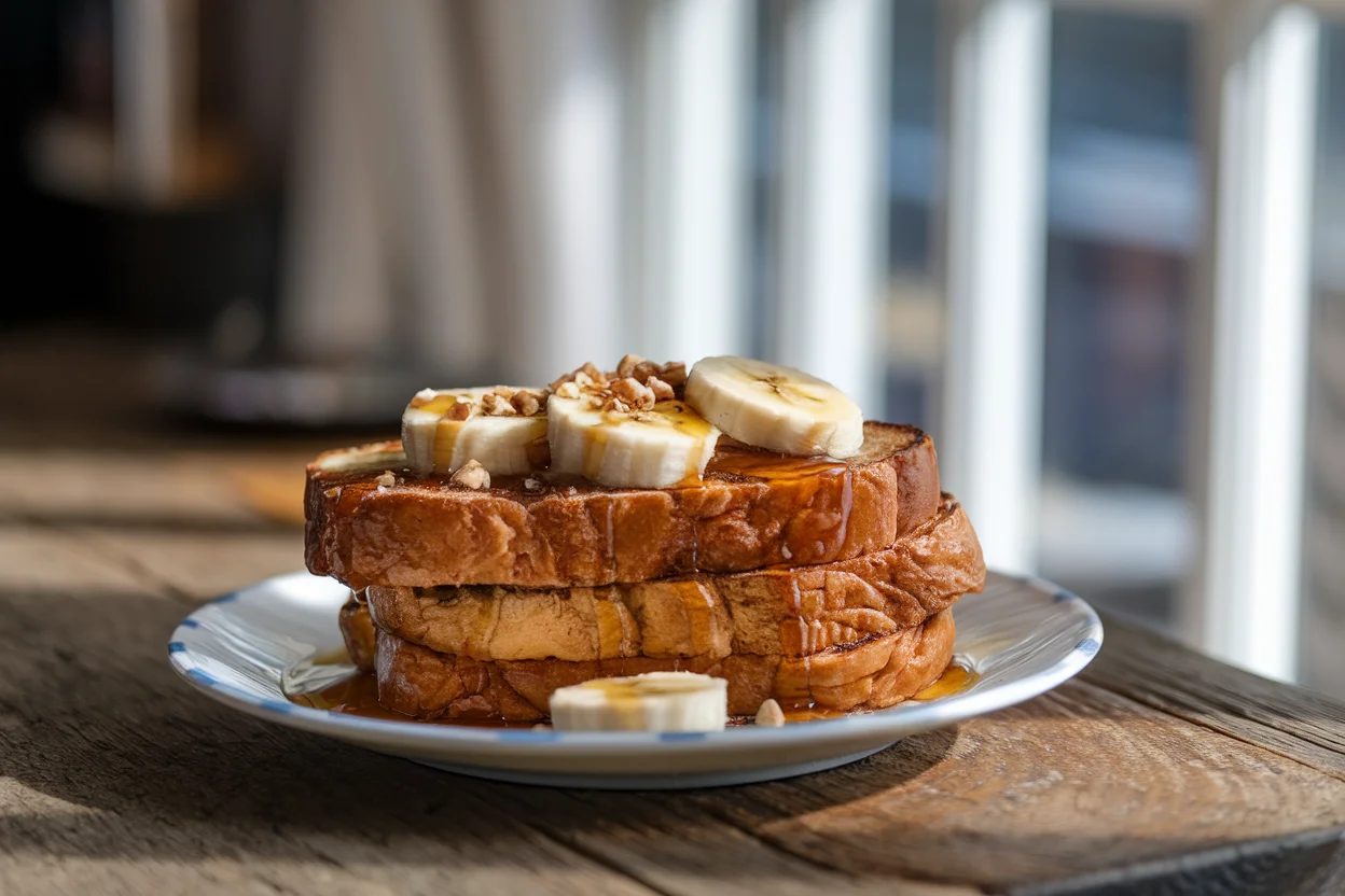 Delicious banana French toast topped with fresh banana slices, maple syrup, and crushed nuts, served on a rustic wooden table.