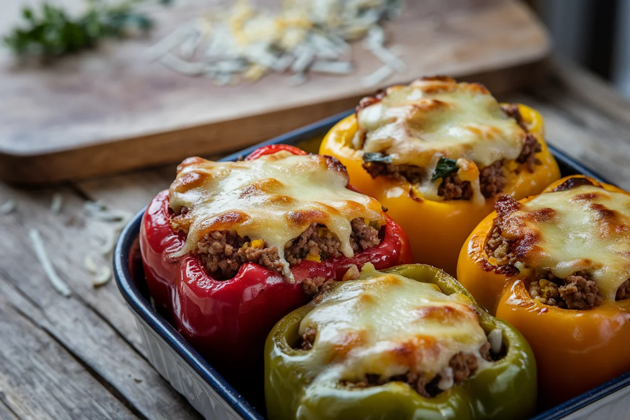 Freshly baked stuffed bell peppers filled with low-carb ingredients, topped with melted cheese, and served on a rustic wooden table.