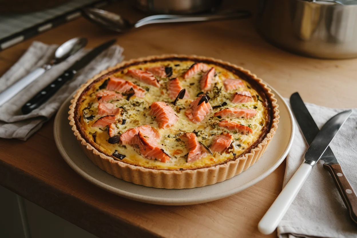 Freshly baked salmon quiche recipe with golden crust, creamy filling, and visible flakes of salmon, served on a ceramic plate.