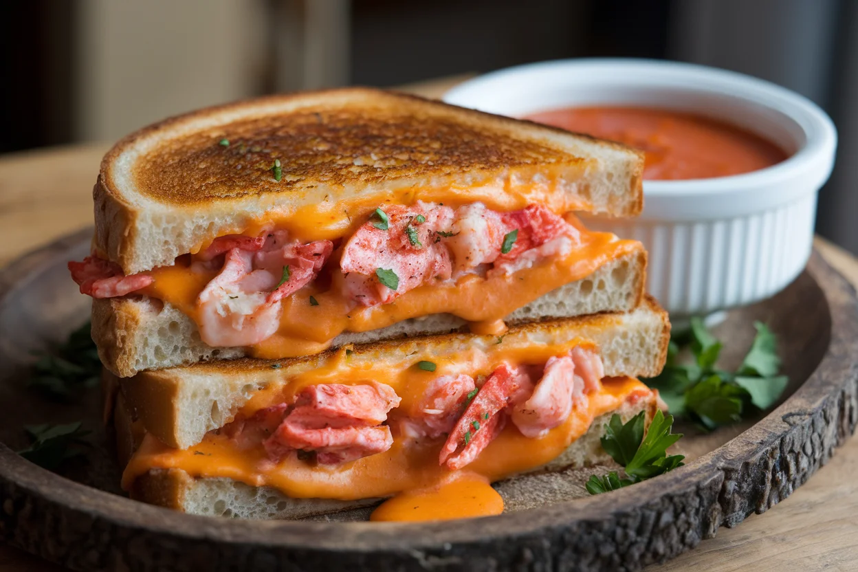 Lobster grilled cheese sandwich with golden-brown bread, melted cheese, and fresh lobster meat served with tomato soup.