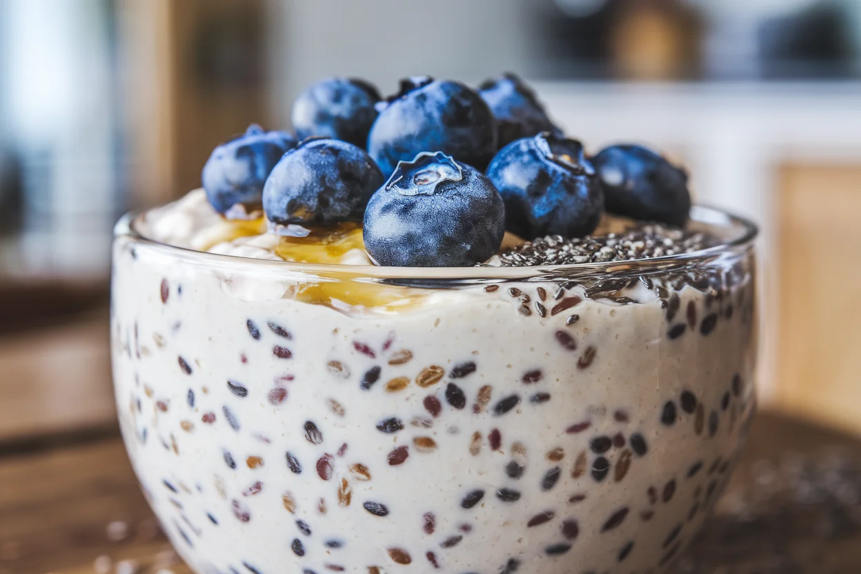 Final bowl of blueberry overnight oats topped with fresh blueberries, honey, and chia seeds, perfect for a healthy breakfast.