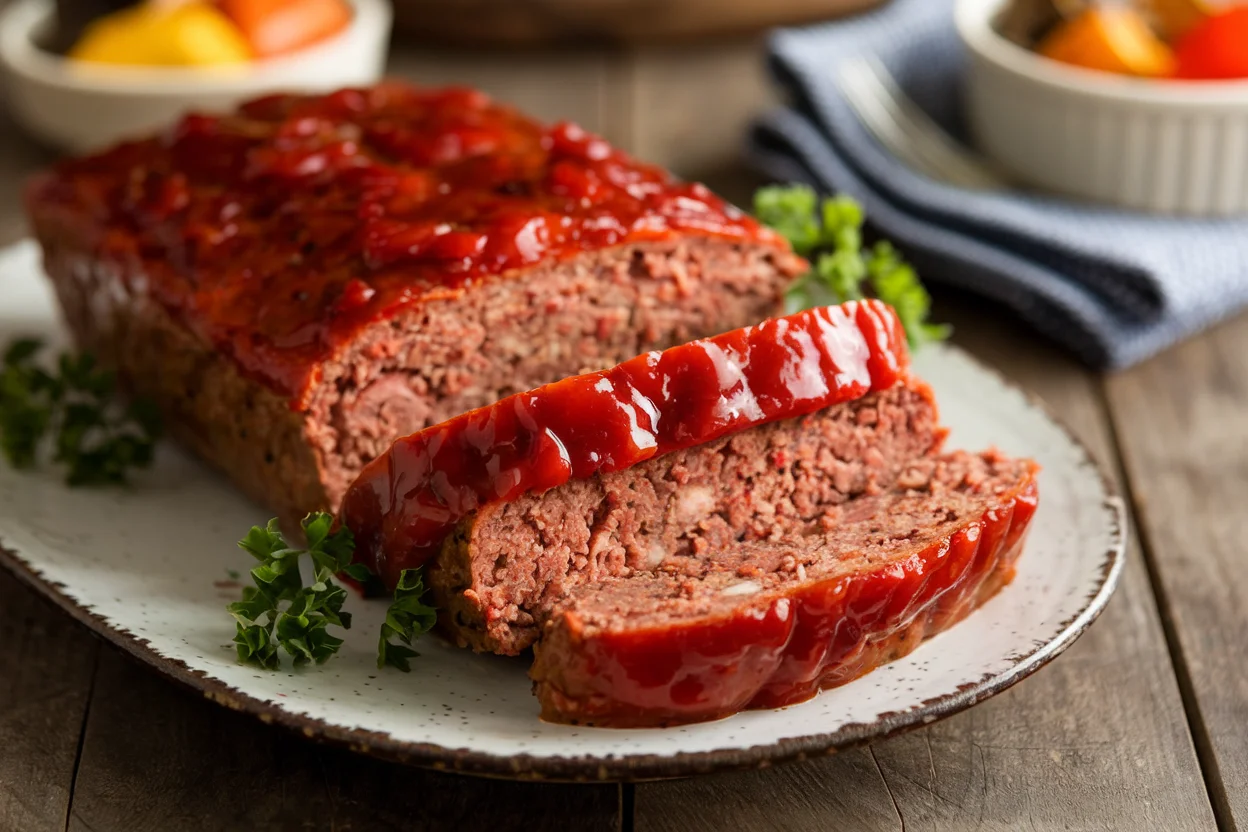 Freshly baked gluten-free meatloaf sliced and topped with a glossy ketchup glaze, served on a rustic plate with parsley garnish.