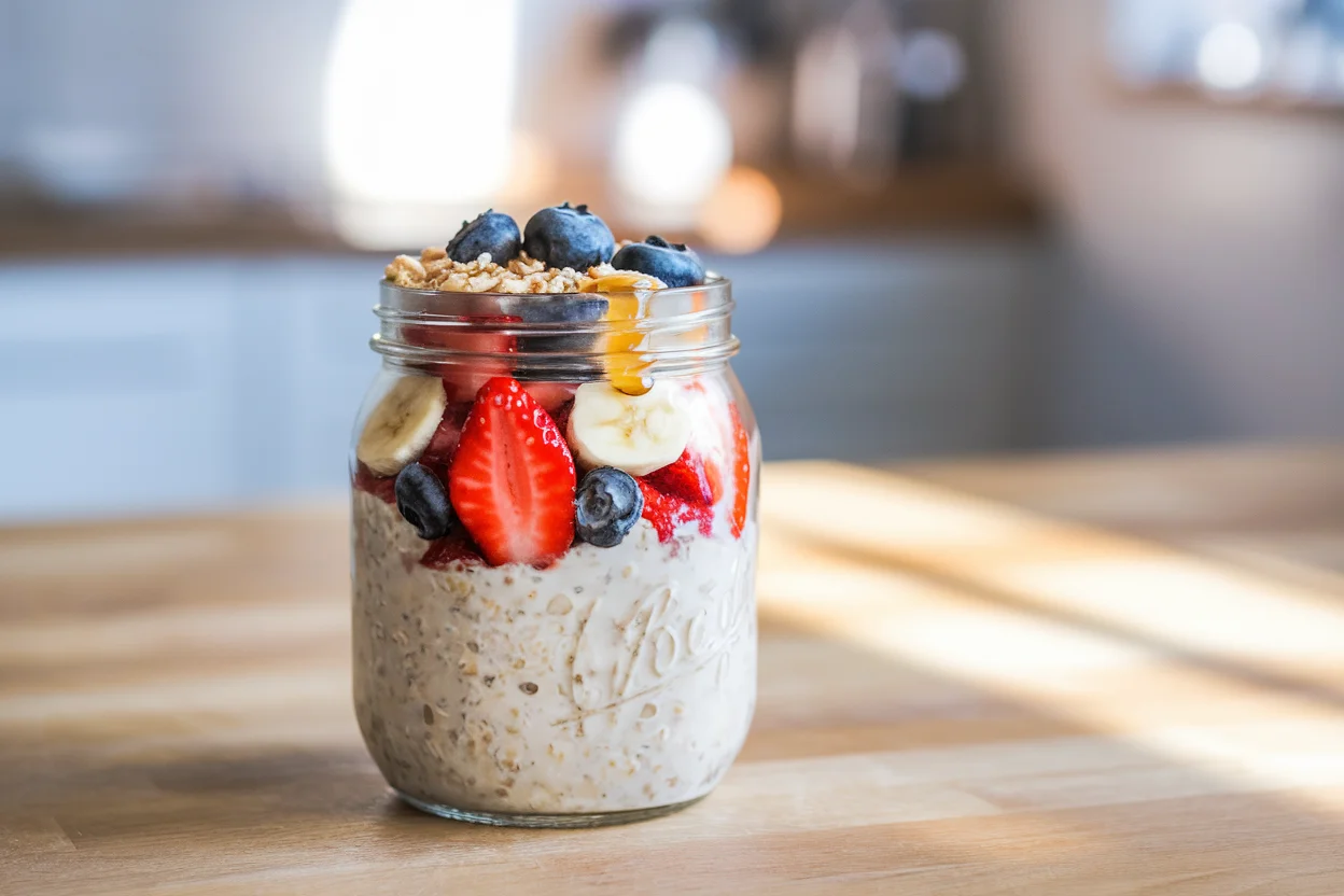 Overnight oats recipe without chia seeds in a jar, topped with fresh fruits and almonds, perfect for a healthy breakfast.