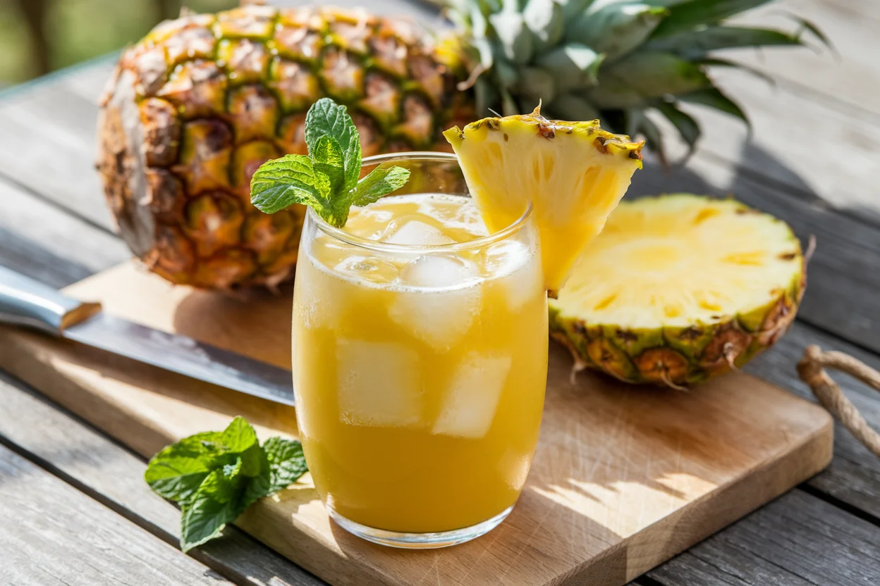 A glass of fresh pineapple fruit juice garnished with mint leaves and a pineapple slice, showcasing the vibrant final recipe.