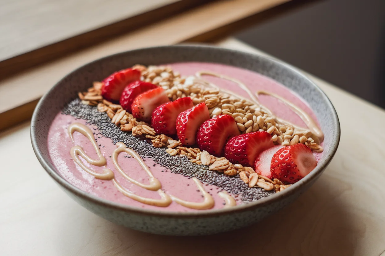 Strawberry smoothie bowl topped with fresh strawberries, granola, chia seeds, and almond butter, served as a healthy breakfast option.