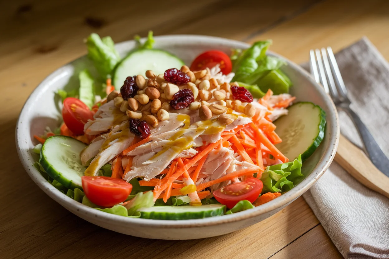 A vibrant chicken carrot salad in a white bowl, featuring shredded chicken, grated carrots, and fresh vegetables, perfect for a healthy meal.