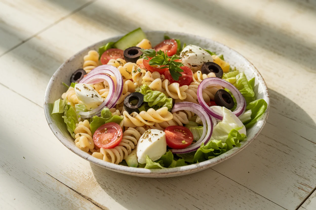 A freshly prepared bowl of Italian pasta salad with lettuce, featuring rotini pasta, cherry tomatoes, cucumbers, red onions, olives, mozzarella pearls, and a tangy vinaigrette.