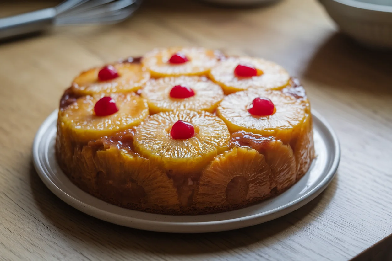 Freshly baked pineapple upside-down cake recipe with cake mix, featuring caramelized pineapple rings and cherries on a white plate.