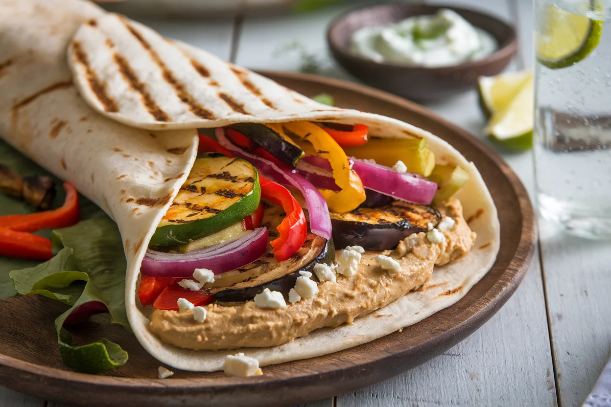 Grilled veggie wrap filled with bell peppers, zucchini, eggplant, mushrooms, and red onions, served with hummus and feta cheese.