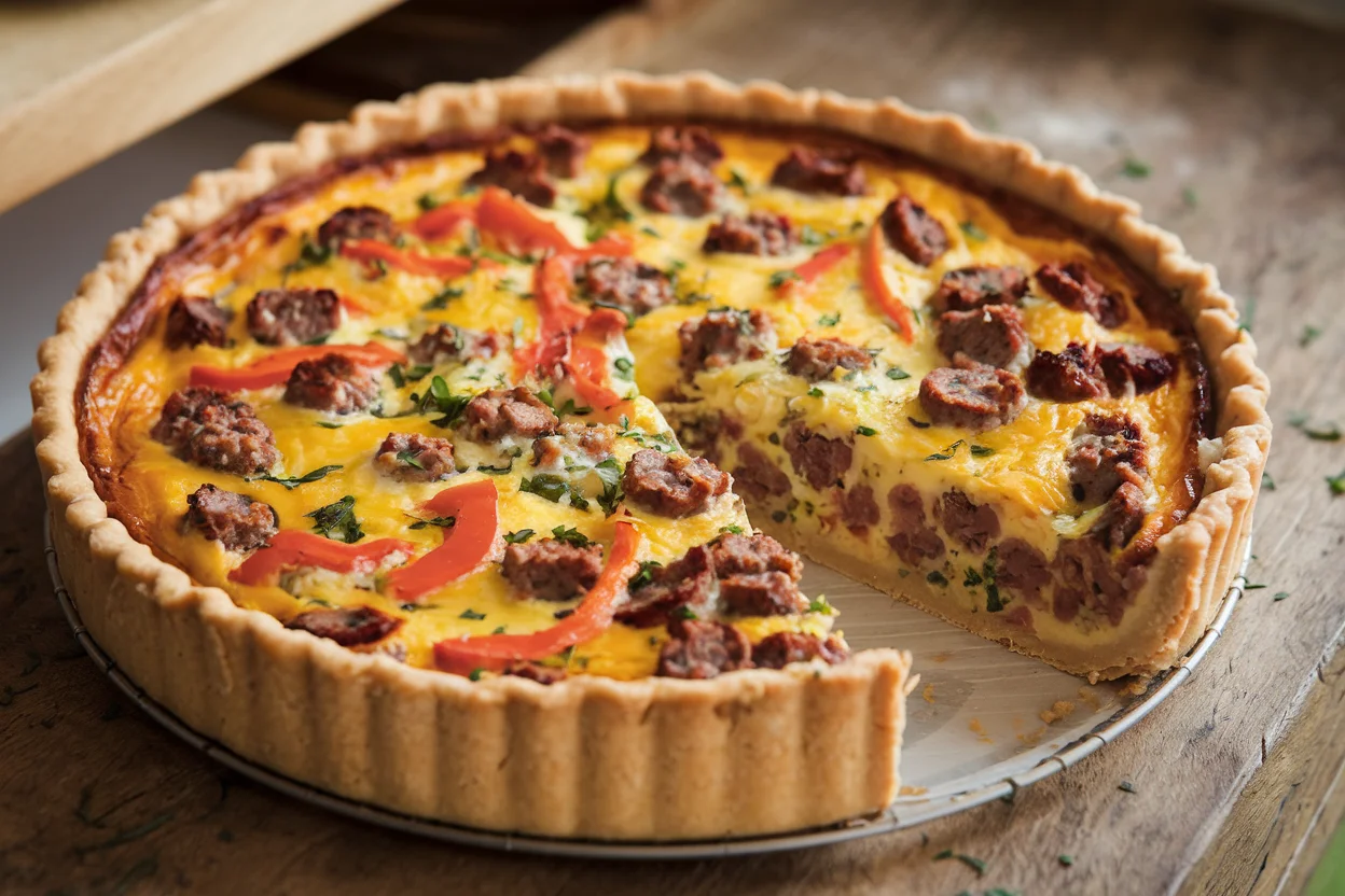 Freshly baked sausage quiche with a golden-brown crust, creamy custard, sausage, cheese, and bell peppers, perfect for any meal.