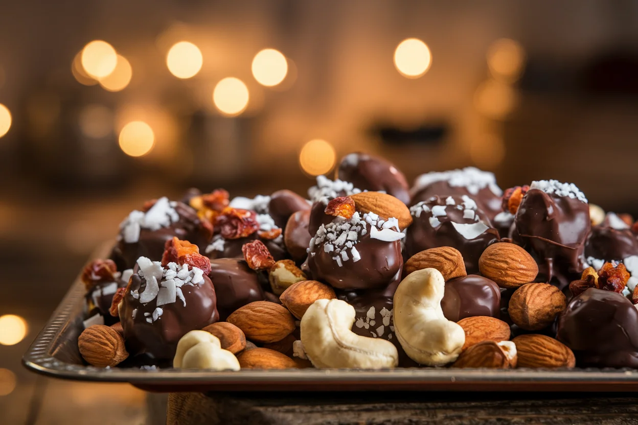 A tray of glossy chocolate-covered almonds, hazelnuts, and cashews with coconut flakes and dried fruits, showcasing the final look of a homemade chocolate covered nuts recipe.