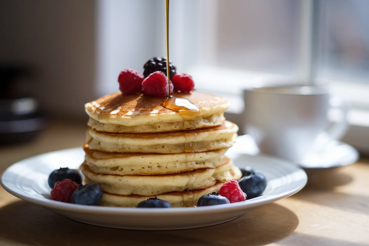 Delicious stack of fluffy eggless pancakes topped with fresh berries and maple syrup, ready to serve for a perfect breakfast.