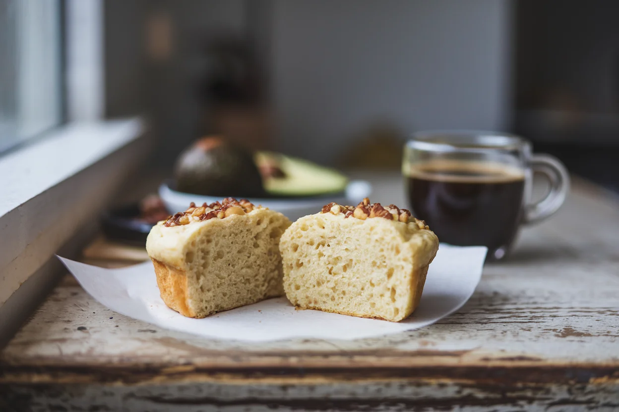 Freshly baked keto English muffin with a fluffy interior, served with avocado and coffee, showcasing a low-carb breakfast option, perfect for keto diets.