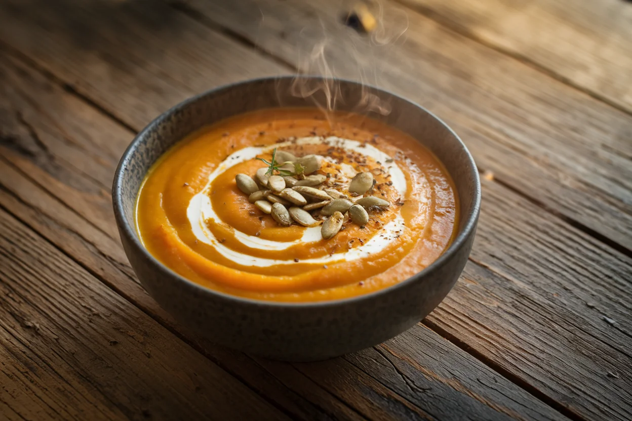 Delicious and creamy Panera Bread Butternut Squash Soup topped with coconut cream, toasted pumpkin seeds, and fresh herbs, served in a rustic bowl.