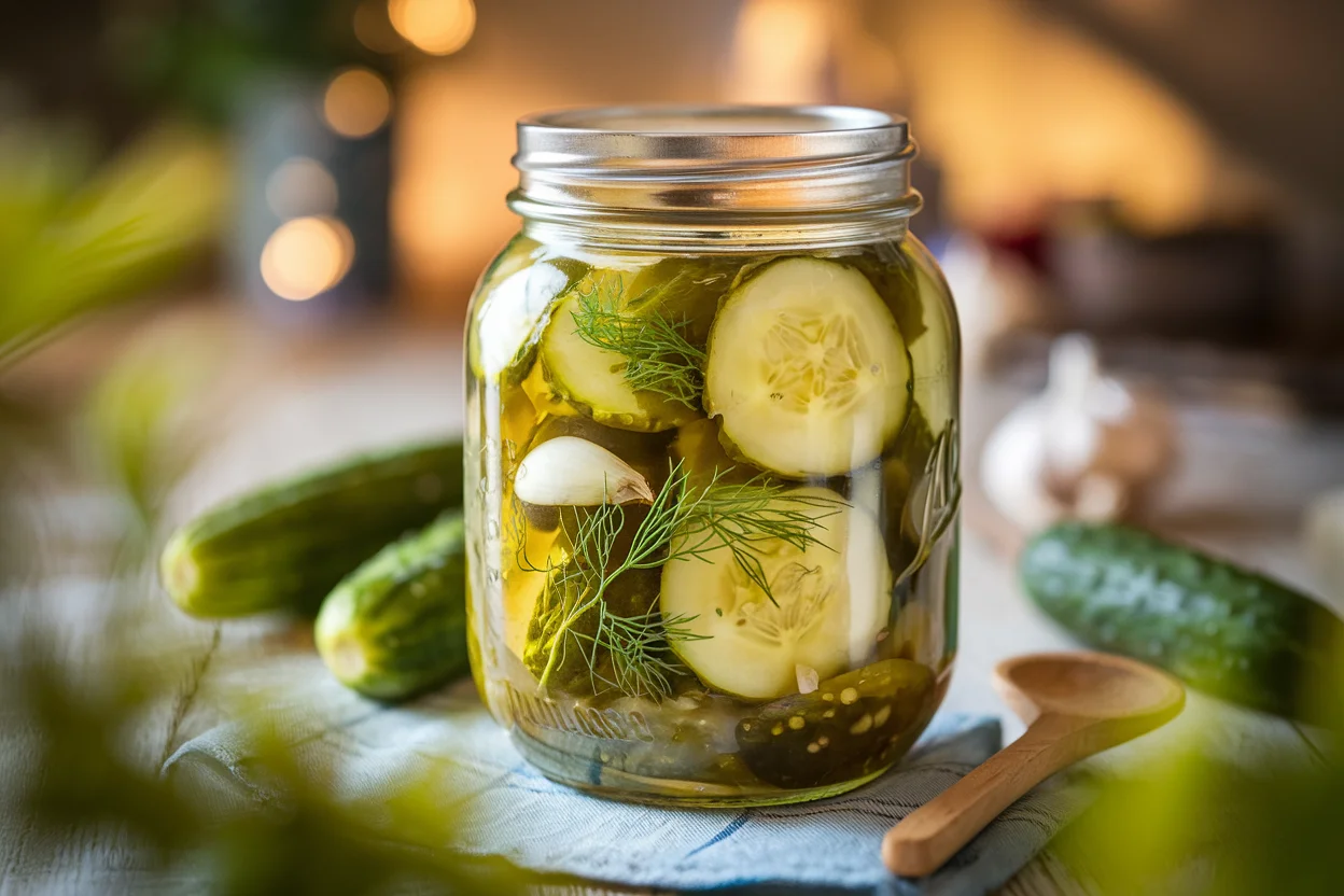 Homemade garlic dill pickles in a jar on a rustic wooden table, showcasing fresh cucumbers, garlic, and dill for a perfect homemade pickle recipe.