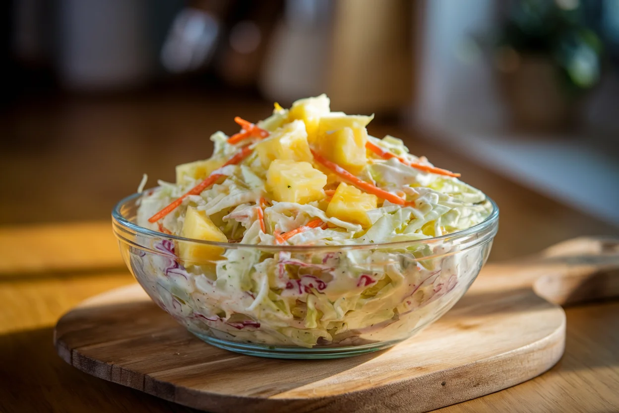 Freshly made pineapple coleslaw in a rustic bowl with pineapple chunks, cabbage, and carrots, showcasing a creamy dressing. A tropical twist on a classic coleslaw recipe.