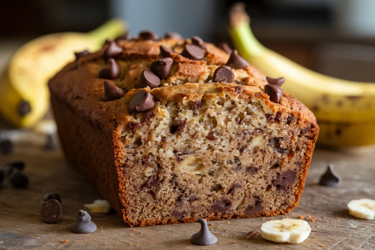 Banana nut bread with chocolate chips sliced to reveal moist texture and chocolate chunks, highlighting the final outcome of a banana nut bread recipe with chocolate chips.