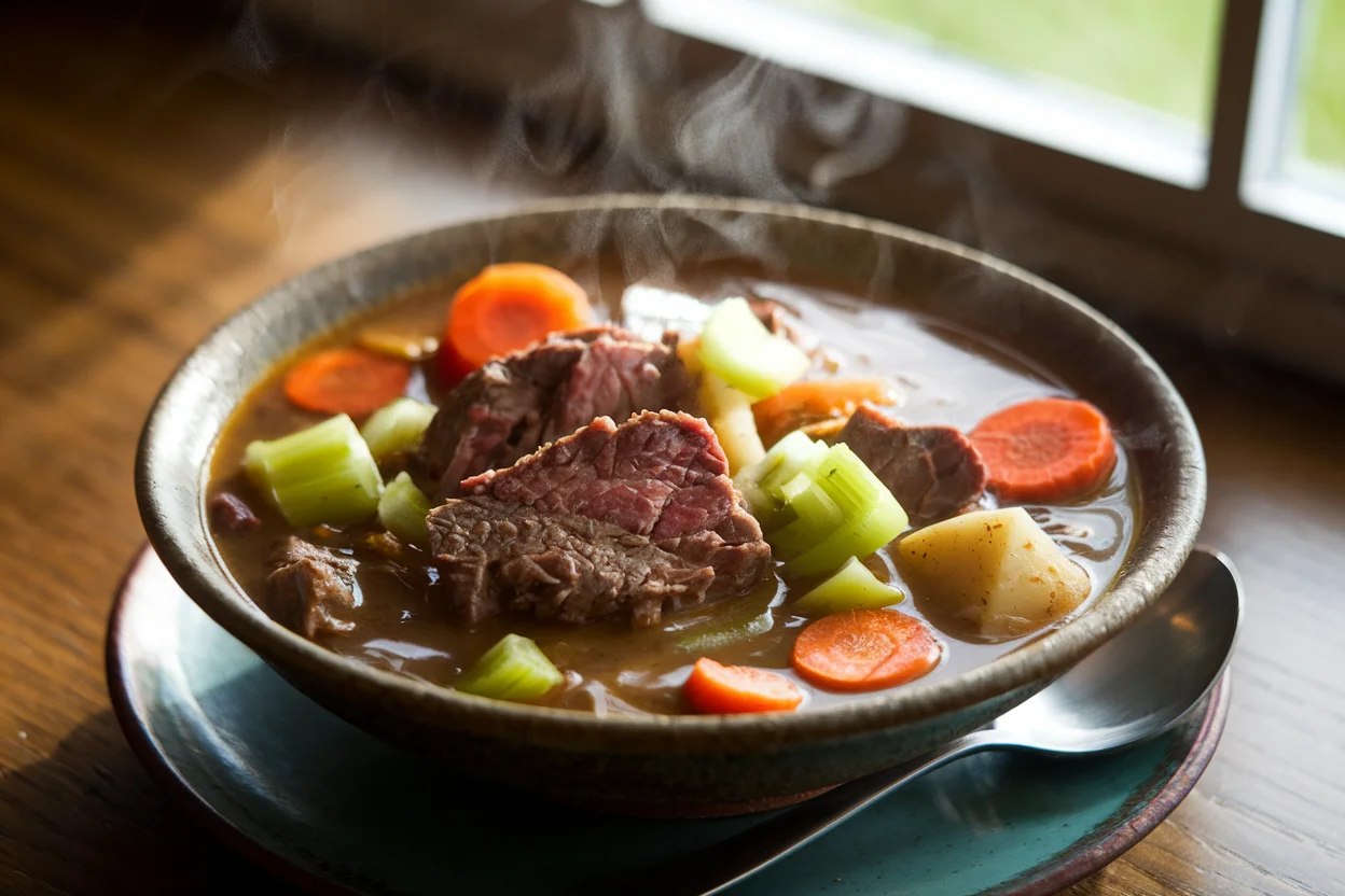 Final dish of Hawaiian beef stew with tender beef chunks, vibrant vegetables, and rich broth, showcasing the authentic Hawaiian beef stew recipe in a rustic bowl.