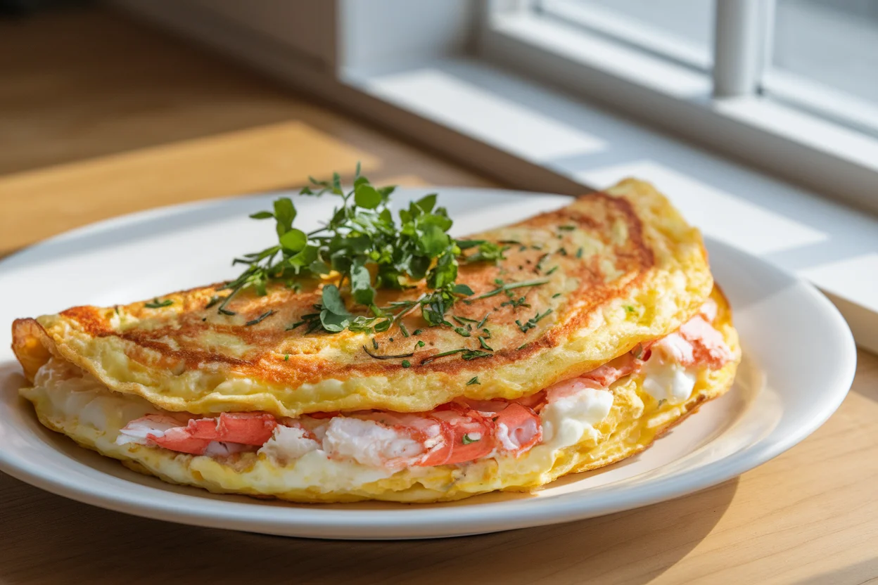 Final presentation of a delicious crab omelette recipe on a white plate, showcasing fluffy eggs and fresh crab meat.