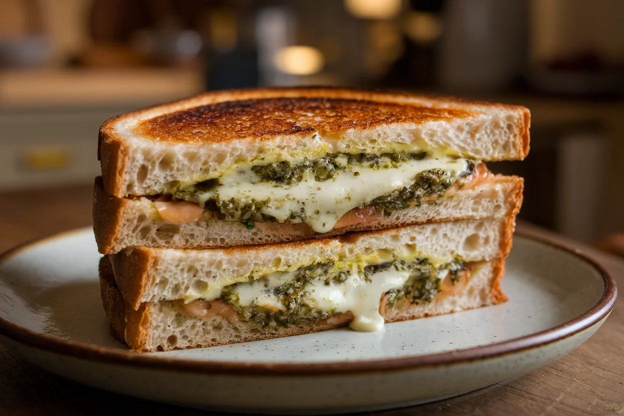 Final pesto grilled cheese sandwich with golden-brown crust, melted cheese, and fresh pesto, plated on a rustic table. A perfect outcome of the pesto grilled cheese sandwich recipe.