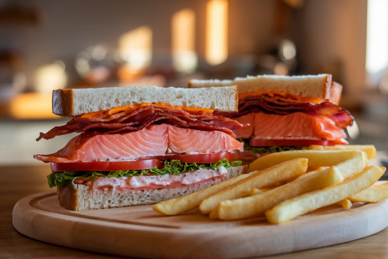 Close-up of a freshly made Salmon BLT Sandwich Recipe with visible layers of salmon, bacon, lettuce, tomato, and sourdough bread, served on a wooden cutting board with fries.