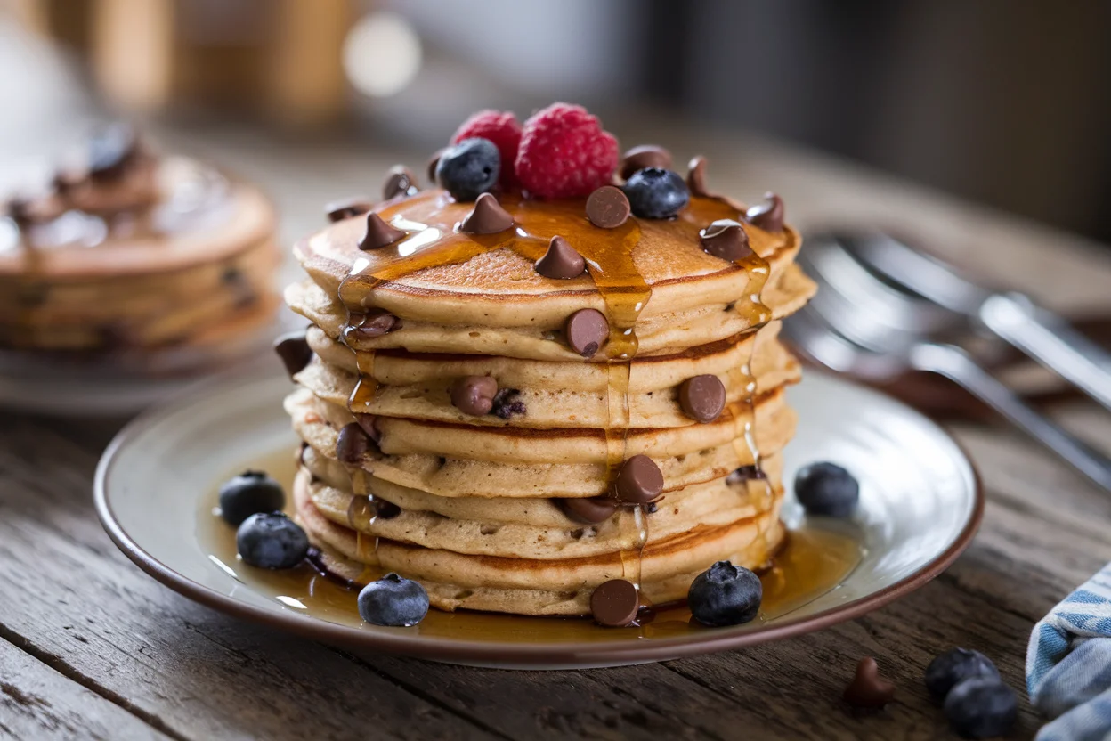 Stack of fluffy chocolate chip pancakes drizzled with syrup and topped with fresh berries, showcasing the final outcome of this chocolate chip pancakes recipe.