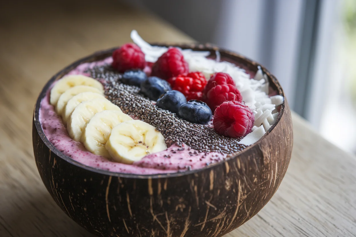 Thick and creamy coconut smoothie bowl topped with fresh bananas, berries, chia seeds, and coconut flakes, showcasing the final recipe outcome.