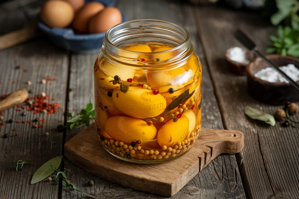 Jar of pub style pickled eggs on a rustic wooden table, surrounded by mustard seeds, bay leaves, and spices in a cozy, homemade setting.