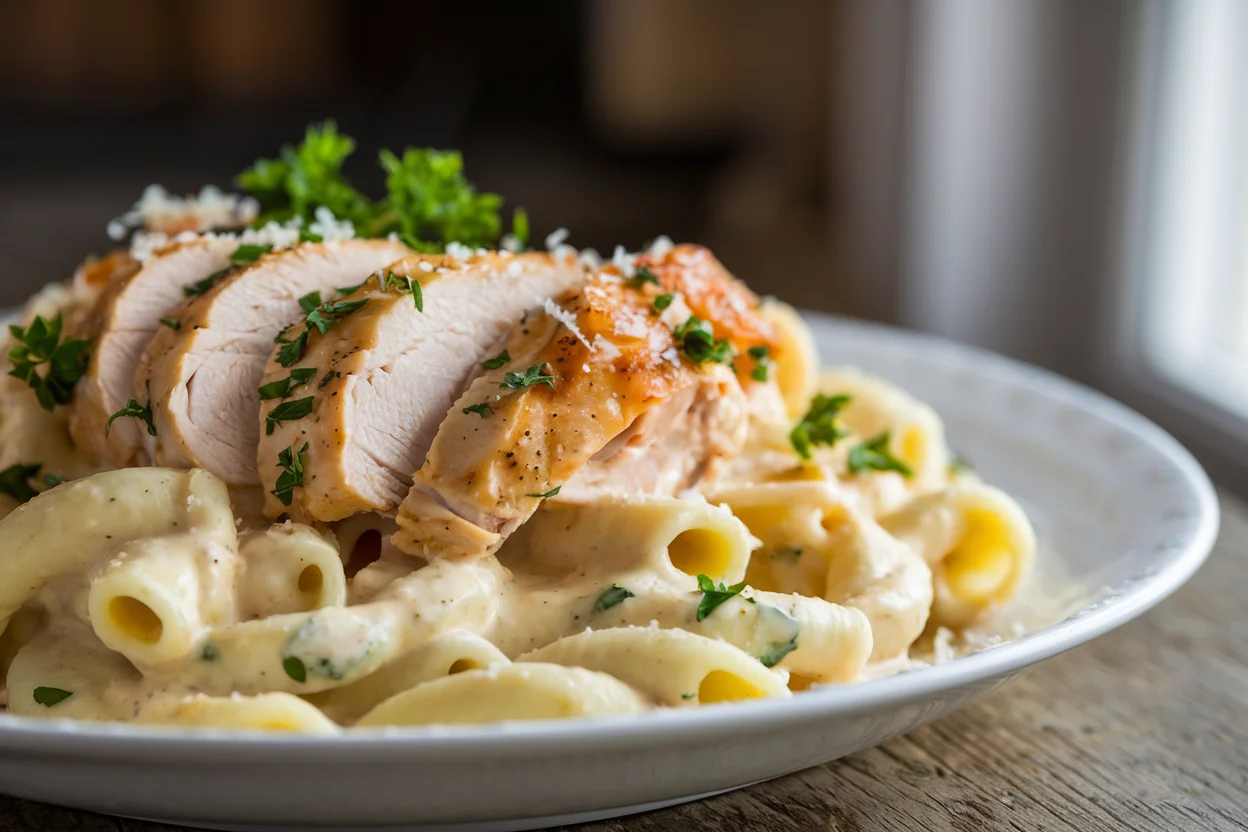 Easy chicken Alfredo recipe with jar sauce in a white bowl, creamy Alfredo-coated pasta topped with sliced chicken breast, parsley, and Parmesan cheese on a rustic wooden table.