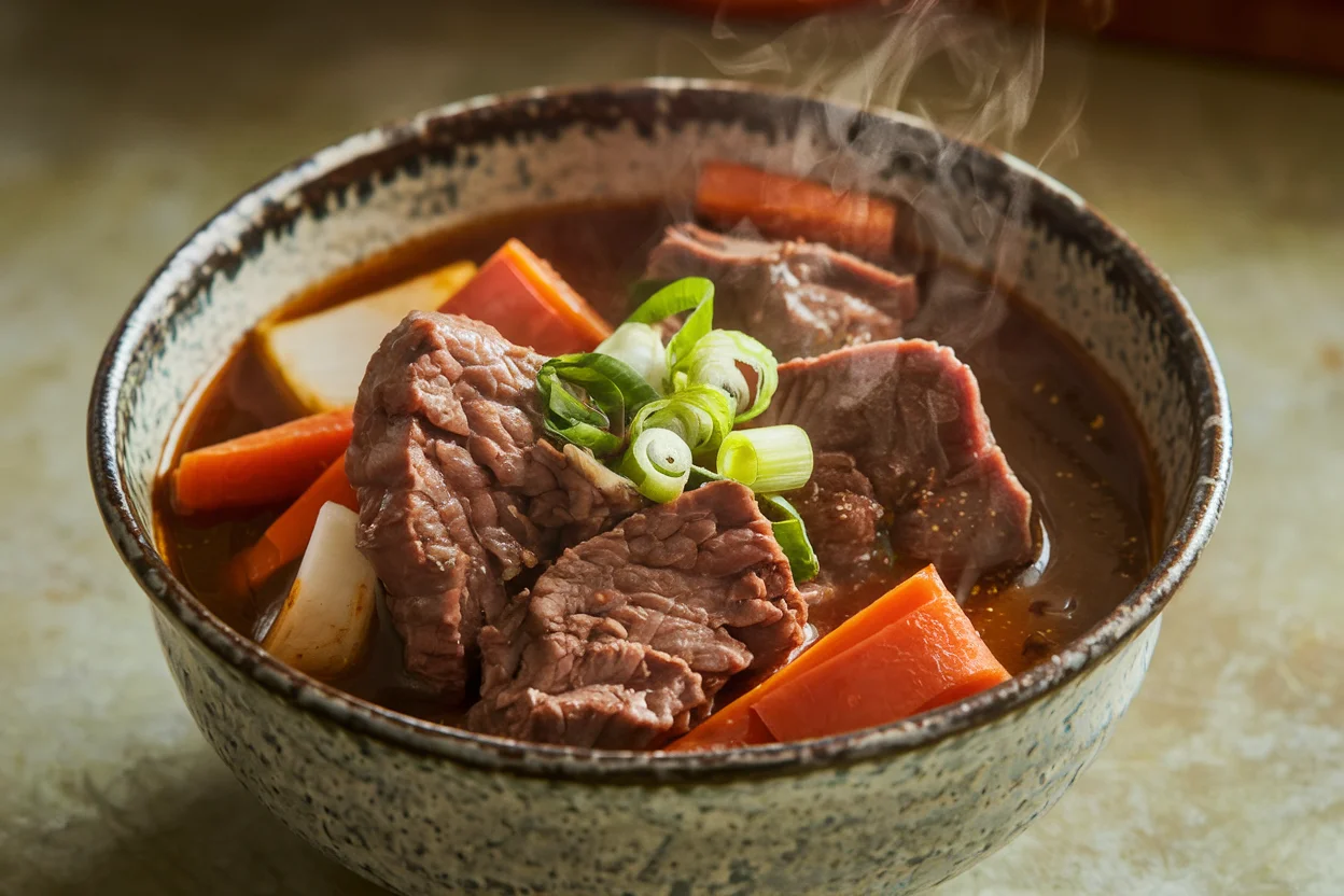 A hearty bowl of Chinese beef stew recipe with tender beef, carrots, daikon radish, and green onions in a rich, savory broth.