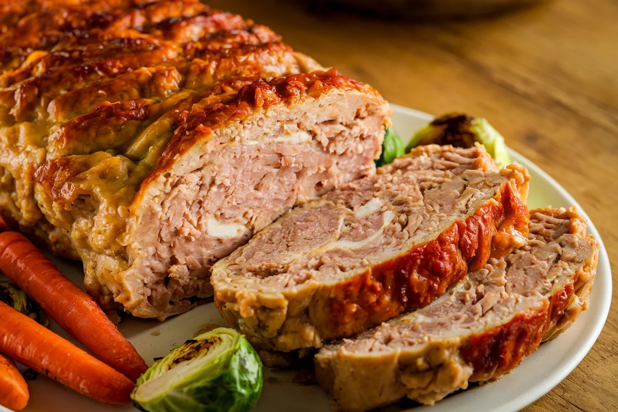 A perfectly cooked chicken meatloaf recipe served with roasted vegetables, showcasing a moist and flavorful dinner option.