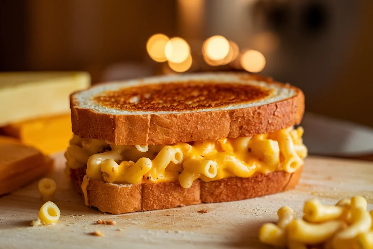 Golden grilled mac and cheese sandwich with melted cheese oozing, showcasing the perfect comfort food recipe.