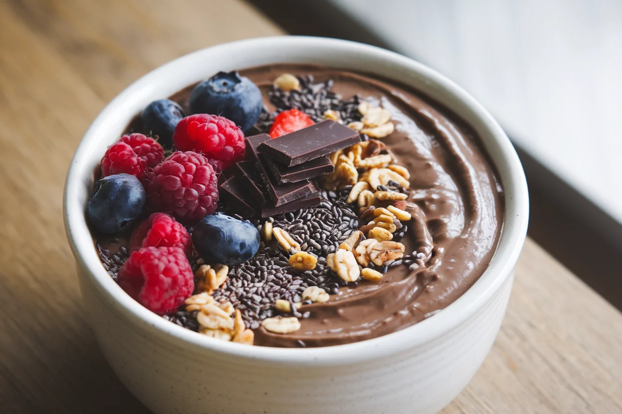 Chocolate smoothie bowl topped with fresh berries, granola, chia seeds, and dark chocolate shavings on a wooden table.