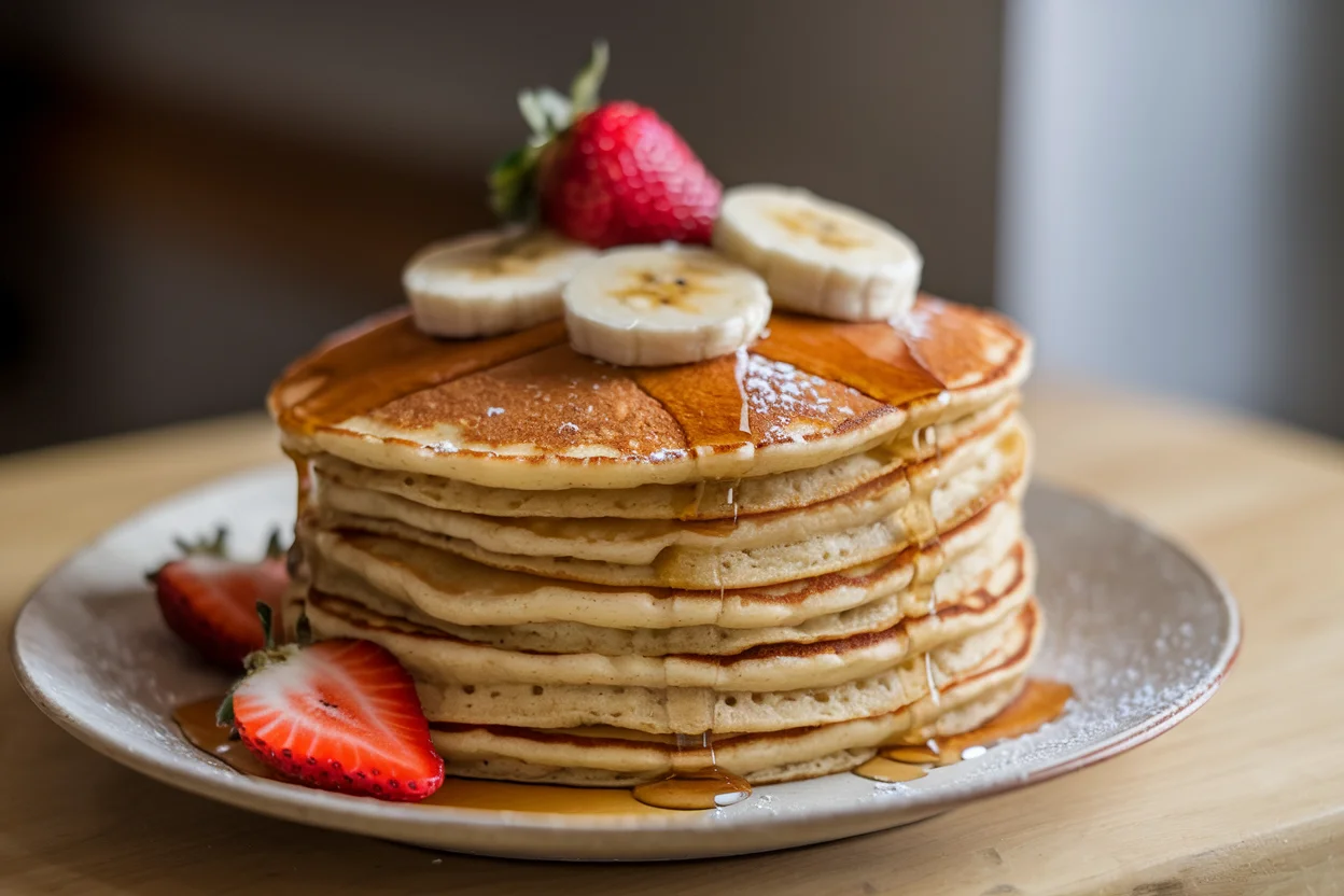 Fluffy pancakes without milk topped with fresh fruit and maple syrup, showcasing a delicious milk-free pancake recipe.