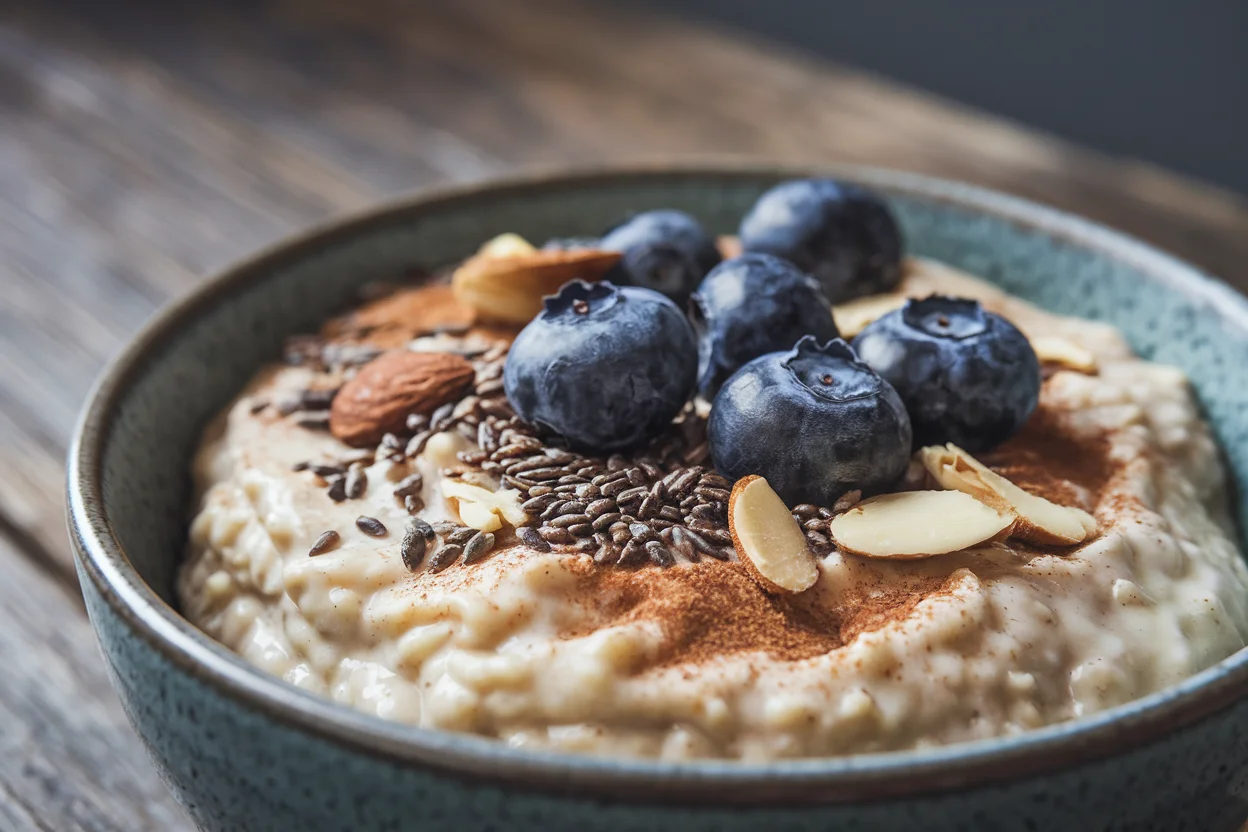 Delicious bowl of overnight oats for diabetics with fresh blueberries, chia seeds, and almonds, showing the final outcome of a blood-sugar-friendly breakfast recipe.