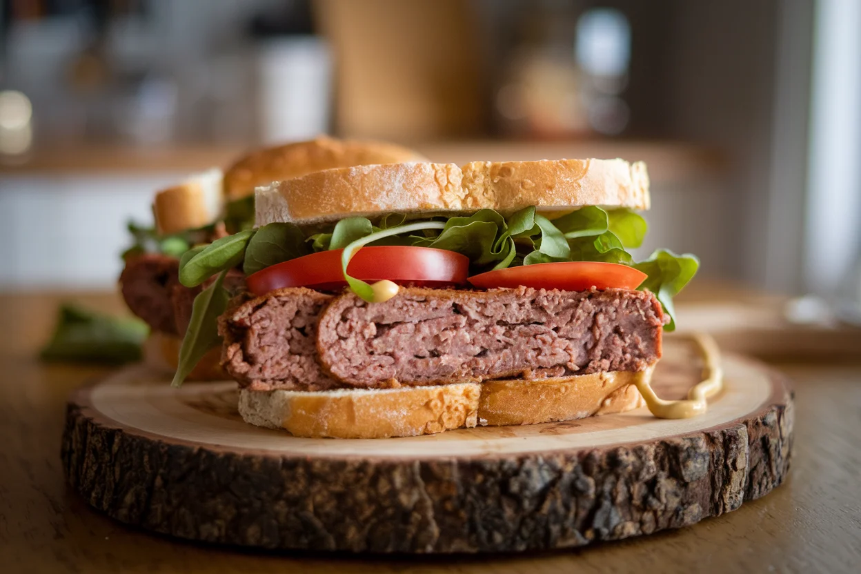 Leftover meatloaf sandwich with fresh veggies and crispy chips, a delicious way to repurpose leftovers, showcasing a hearty and flavorful meal.