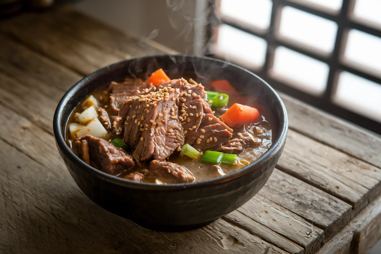 Delicious Korean beef stew served in a traditional bowl with tender beef short ribs, daikon radish, carrots, and green onions, showcasing the final dish of the Korean beef stew recipe.