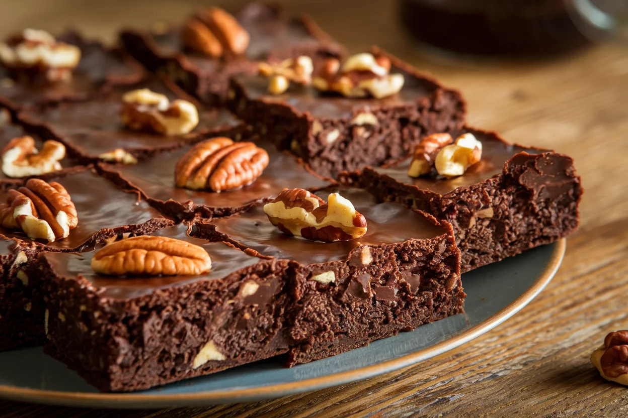 Freshly baked chocolate brownie with nuts, featuring a fudgy texture and sprinkled with chopped walnuts, perfect for dessert recipes.