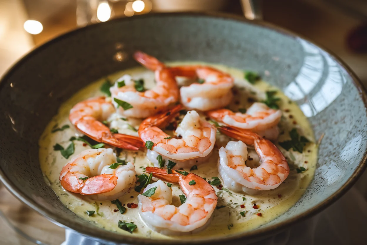 Final shrimp scampi recipe without wine served in a bowl, garnished with fresh parsley and red pepper flakes, in a cozy kitchen setting.