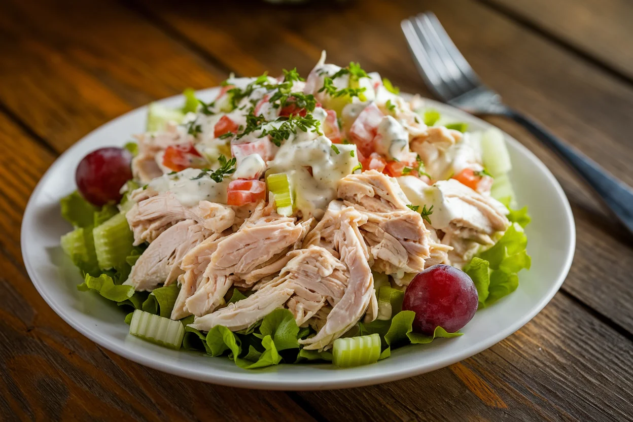 Chicken Salad Chick recipe final dish served on a plate with chicken, celery, relish, and mayonnaise, showcasing the perfect homemade chicken salad.