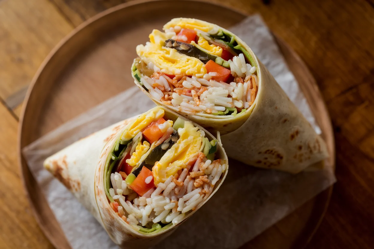 Best rice recipe for breakfast burritos featuring seasoned rice, scrambled eggs, and vegetables wrapped in a tortilla, served on a rustic table.