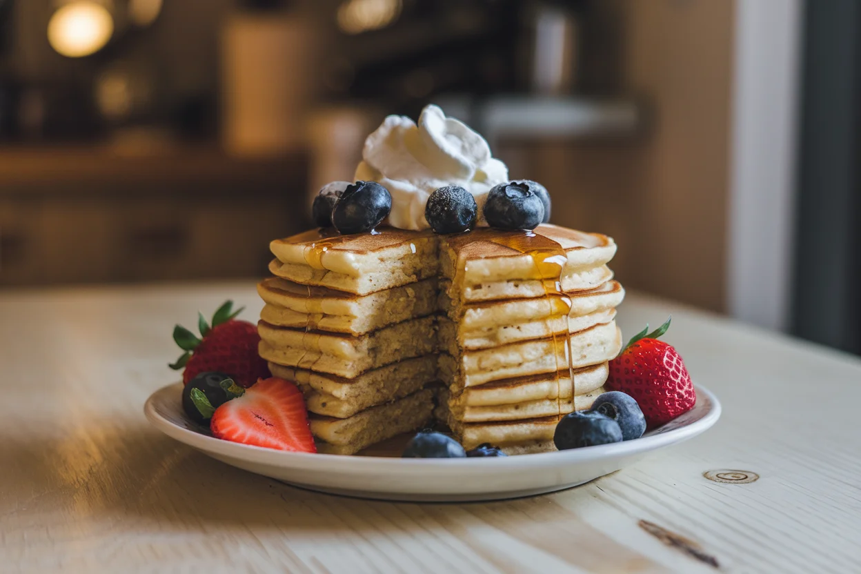 A stack of fluffy, golden pancakes made from a homemade pancake recipe small batch, topped with maple syrup, fresh berries, and whipped cream on a wooden table.