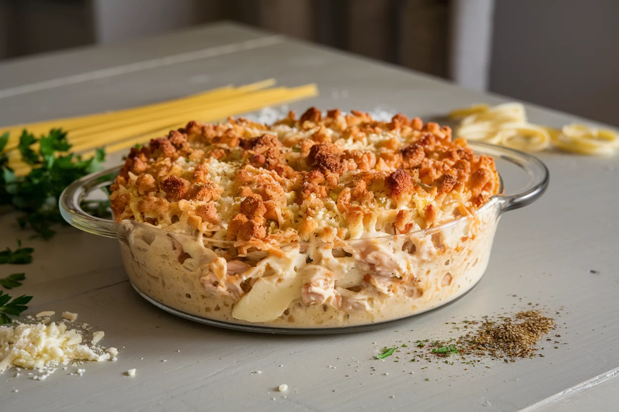 Golden-brown Chicken Alfredo Casserole with crispy cheese topping, surrounded by fresh ingredients like pasta, grated Parmesan, and parsley. Perfect for a comforting meal.