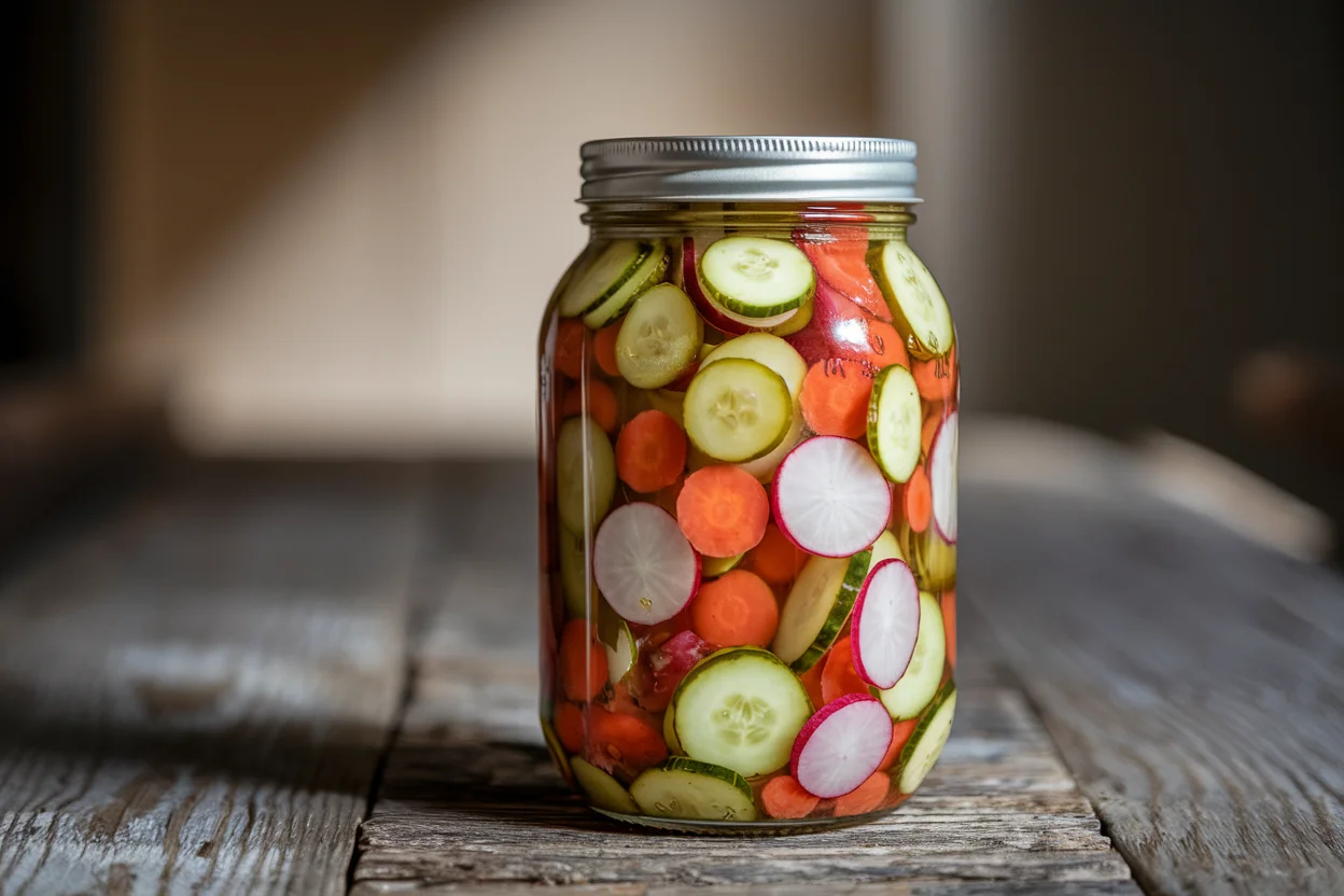 Homemade pickles in a jar with vibrant vegetables like cucumbers, carrots, and radishes, showcasing the final outcome of a pickle seasoning recipe.