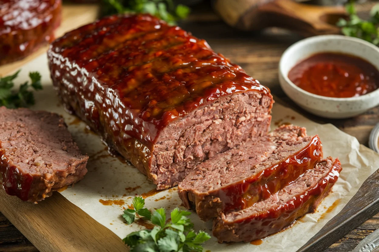 BBQ meatloaf recipe with a glossy caramelized glaze, served on a rustic wooden table with barbecue sauce and herbs, showcasing the final outcome of the dish.