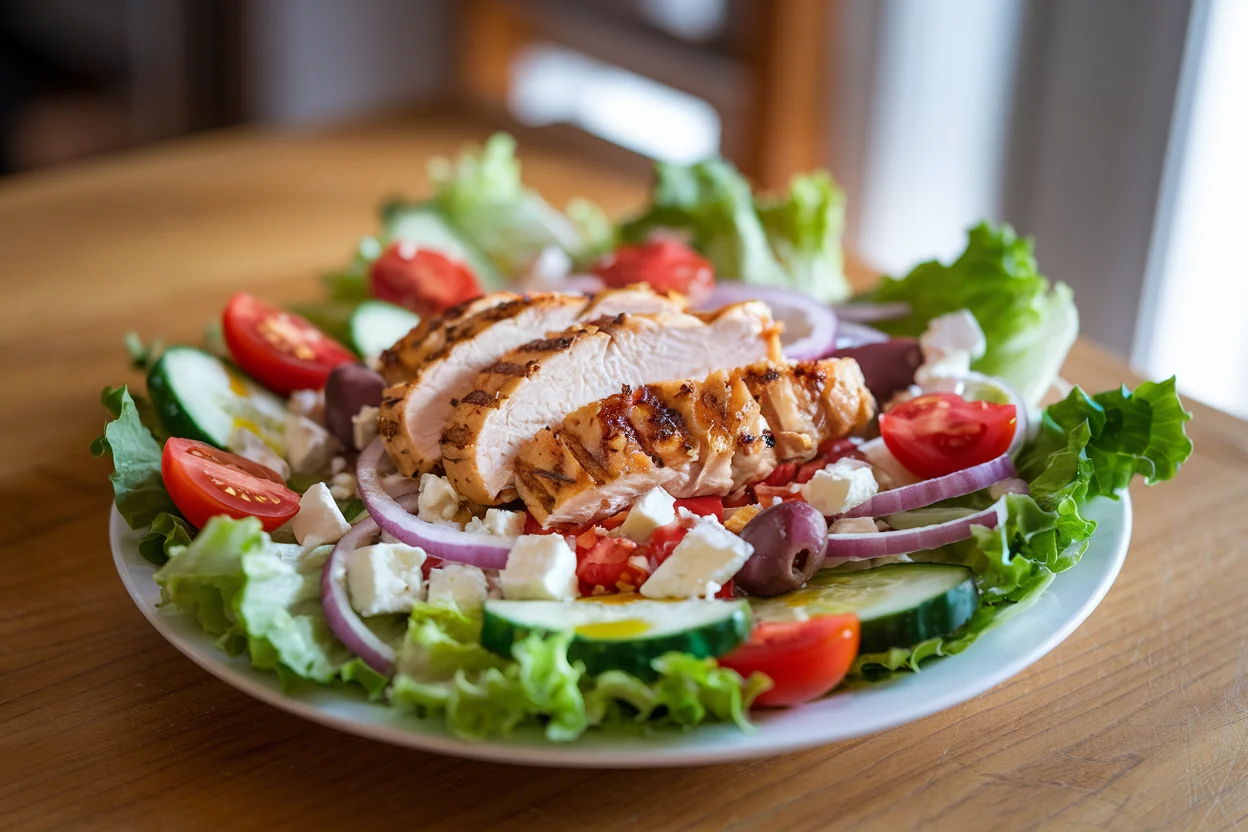 A vibrant Greek chicken salad recipe featuring grilled chicken, fresh romaine lettuce, cherry tomatoes, cucumbers, red onions, Kalamata olives, and crumbled feta cheese, beautifully presented on a white plate.