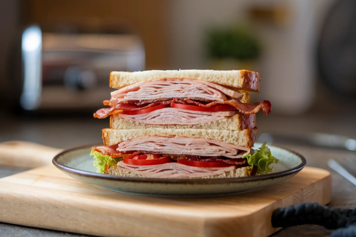 Final presentation of a Turkey BLT Sandwich with crispy bacon, fresh lettuce, ripe tomatoes, and turkey slices on a wooden cutting board.